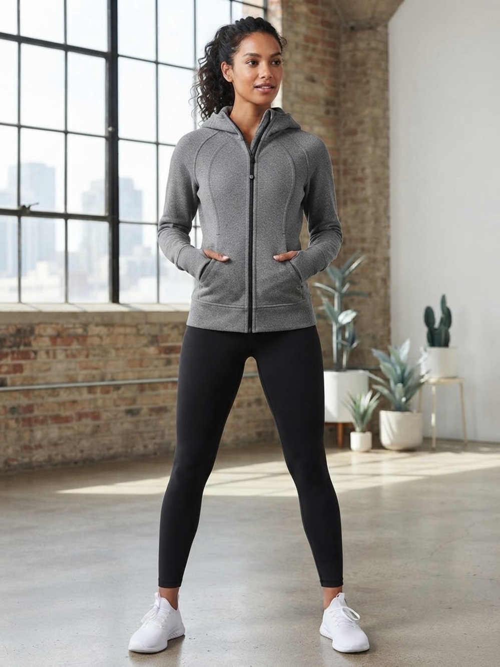 lululemon athletica Gray Hooded Zip Jacket with Black Leggings